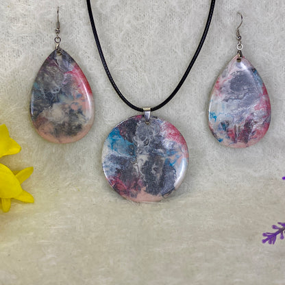 Hand Painted Iridescent Pendant Necklace And Earring Set