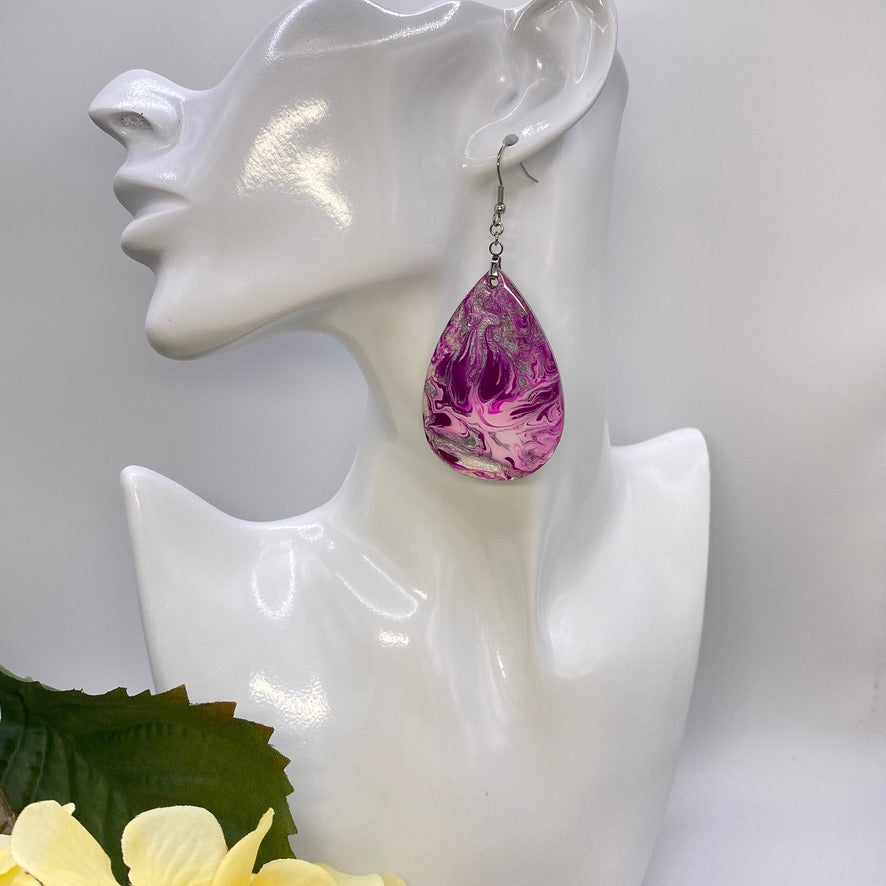 Hand Painted Tear Drop Iridescent Dangle Pendant Earrings