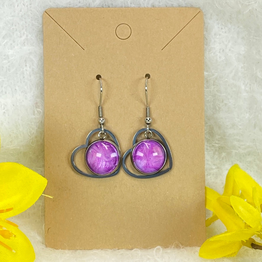 Hand Painted Glass Cabochon Gem Bezel Earrings