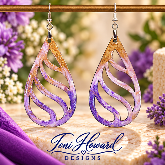 Hand Painted Tear Drop Cut Out Iridescent Dangle Pendant Earrings