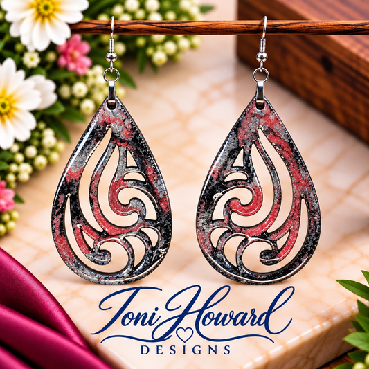 Hand Painted Tear Drop Cut Out Iridescent Dangle Pendant Earrings