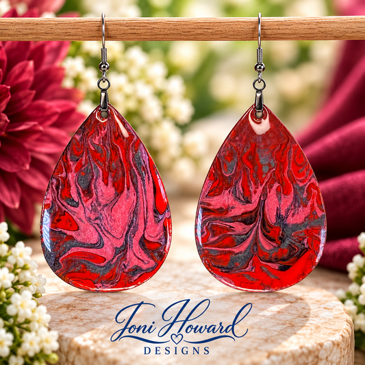 Hand Painted Tear Drop Iridescent Dangle Pendant Earrings