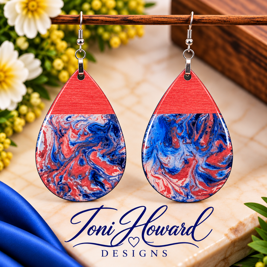Hand Painted Tear Drop Color Block Iridescent Dangle Pendant Earrings