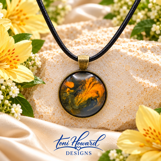 Hand Painted Glass Cabochon Round Bezel Pendant Necklace